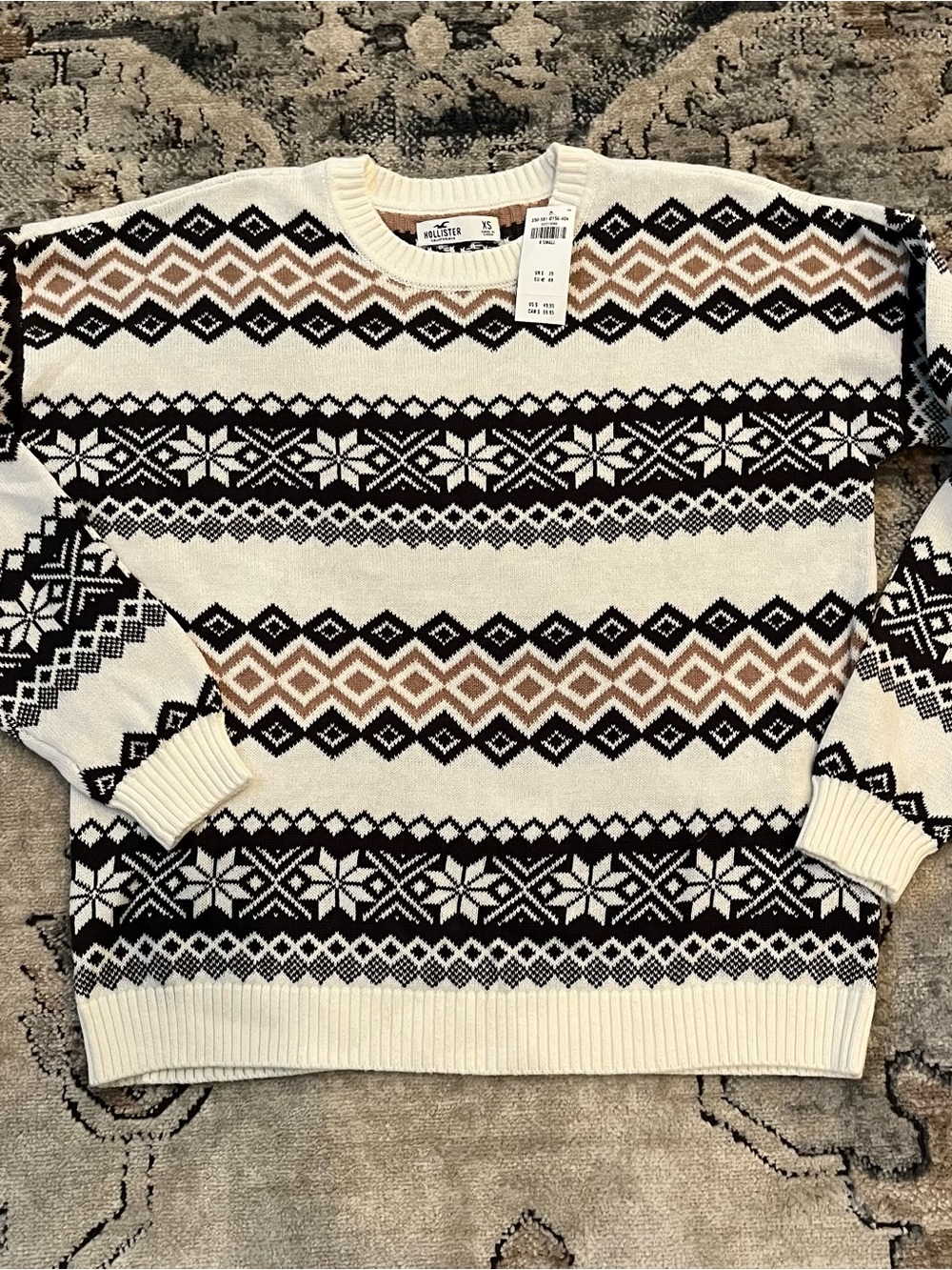 Hollister Cream Crewneck Sweater with Black and Tan Fair Isle